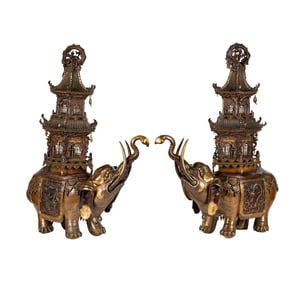 Larry Flynt: A Pair of Japanese Patinated Bronze Elephant Pagodas