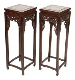 Larry Flynt: A Pair of Chinese Carved Wood and Stone Fern Stands