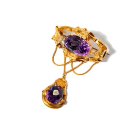 15 Karat Yellow Gold and Gold-Plate Amethyst and Diamond Brooch