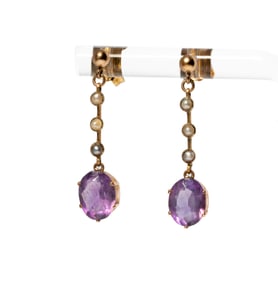 14 Karat Yellow Gold Amethyst and Pearl Earrings