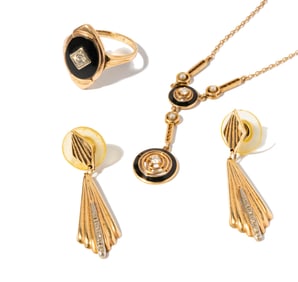 14 Karat Yellow Gold, Enamel, Onyx, and Diamond Suite