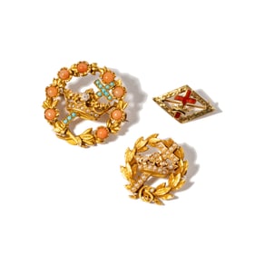 Three 14 Karat Yellow Gold, Gem-set Crown and Cross Brooches