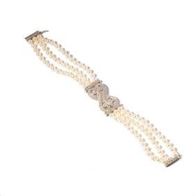 Waterman, 10 Karat White Gold Diamond and Cultured Pearl Bracelet