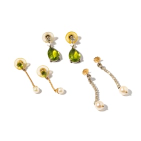 Three Pairs Of Platinum and 14 Karat Gold, Gem-set Drop Earrings