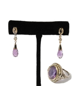 14 Karat White Gold Amethyst Ring and Earrings