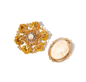 Two Yellow Gold, Gem-set Brooches