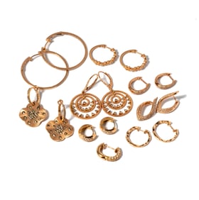 Group of Eight Assorted Pairs of 14 and 18 Karat Gold and Diamond Earrings