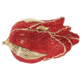 A Judith Leiber Full Bead Red and Gold Rose Minaudiere