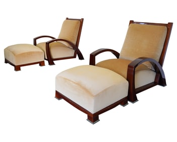 A Pair of A. Soudavar for Mirak Lounge Chairs with Ottomans