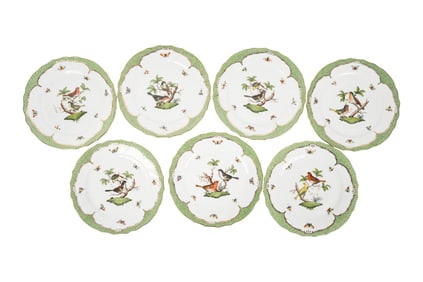 Seven Herend Rothschild Bird Green Border Dinner Plates
