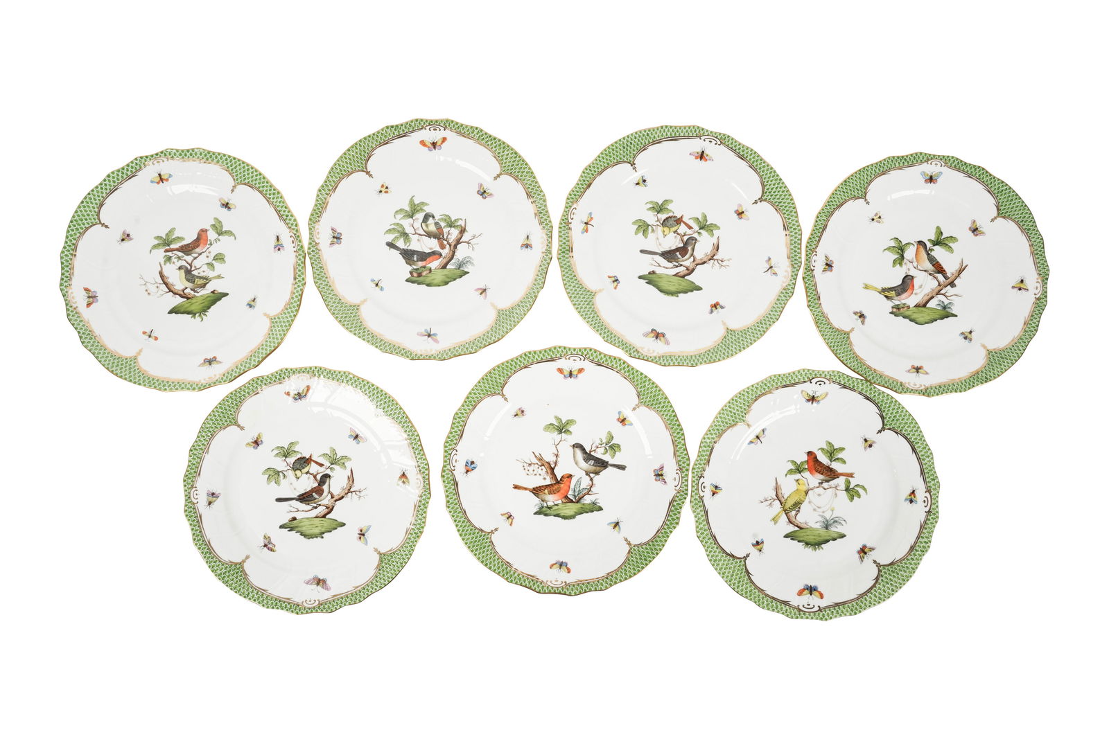 Seven Herend Rothschild Bird Green Border Dinner Plates: each marked 10 1/4 in. (26 cm.) dia.