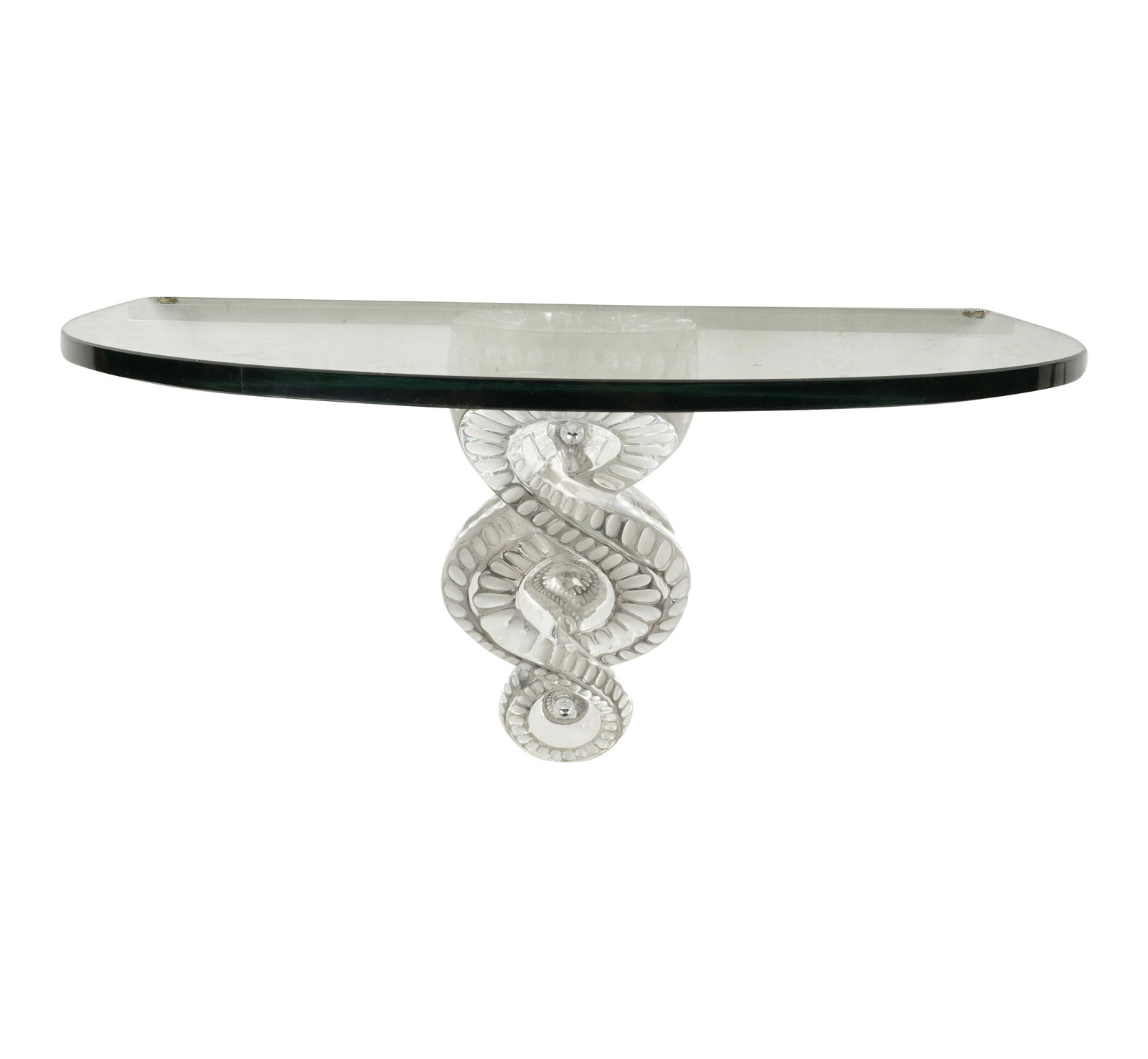 A Lalique Seville Wall-Mounted Console Table: designed by Marc Lalique, 1947; glass, chromed metal; etched "Lalique [registered trademark symbol] France" and with adhesive label "Cristal Lalique Paris" Overall: 10 3/4 x 19 3/4 x 12 in. (27.3 x 50