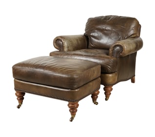 A Vintage Green Leather Club Chair and Ottoman