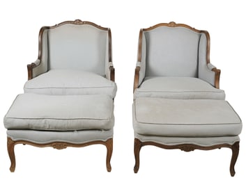 A Pair of French Provincial-Style Bergeres and Ottomans