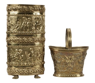 A Brass Repousse Umbrella Stand and Basket