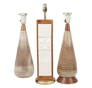 Three Mid-Century Modern Wood and Ceramic Table Lamps