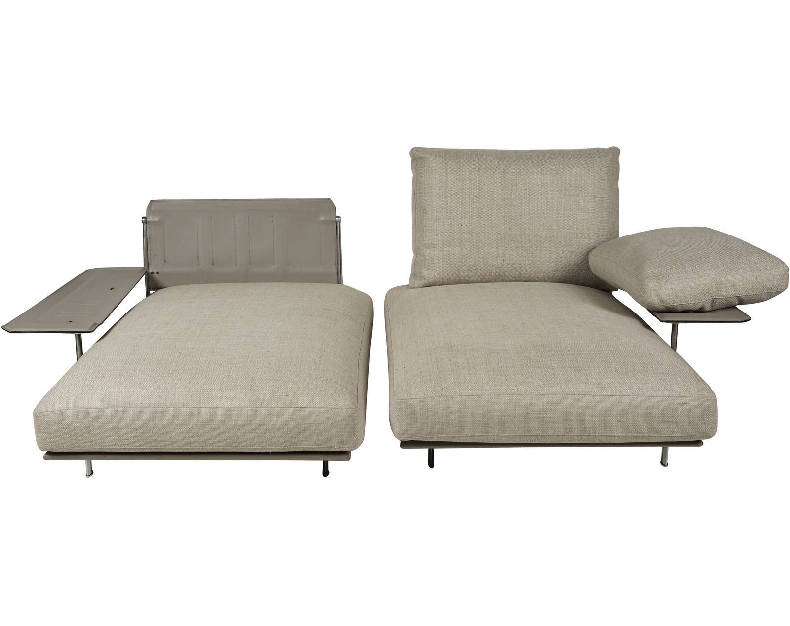 Two B&B Italia Chaise Lounges: metal, fabric, lleather Each piece: 27 x 52 x 42 in. (68.6 x 132.1 x 106.7 cm.) Seat height: 16 in. (40.6 cm.) Notes: This item does not qualify for in-house shipping. Please see our preferred shipper