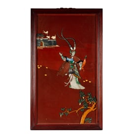 A Chinese Carves Stone and Red Lacquer Panel