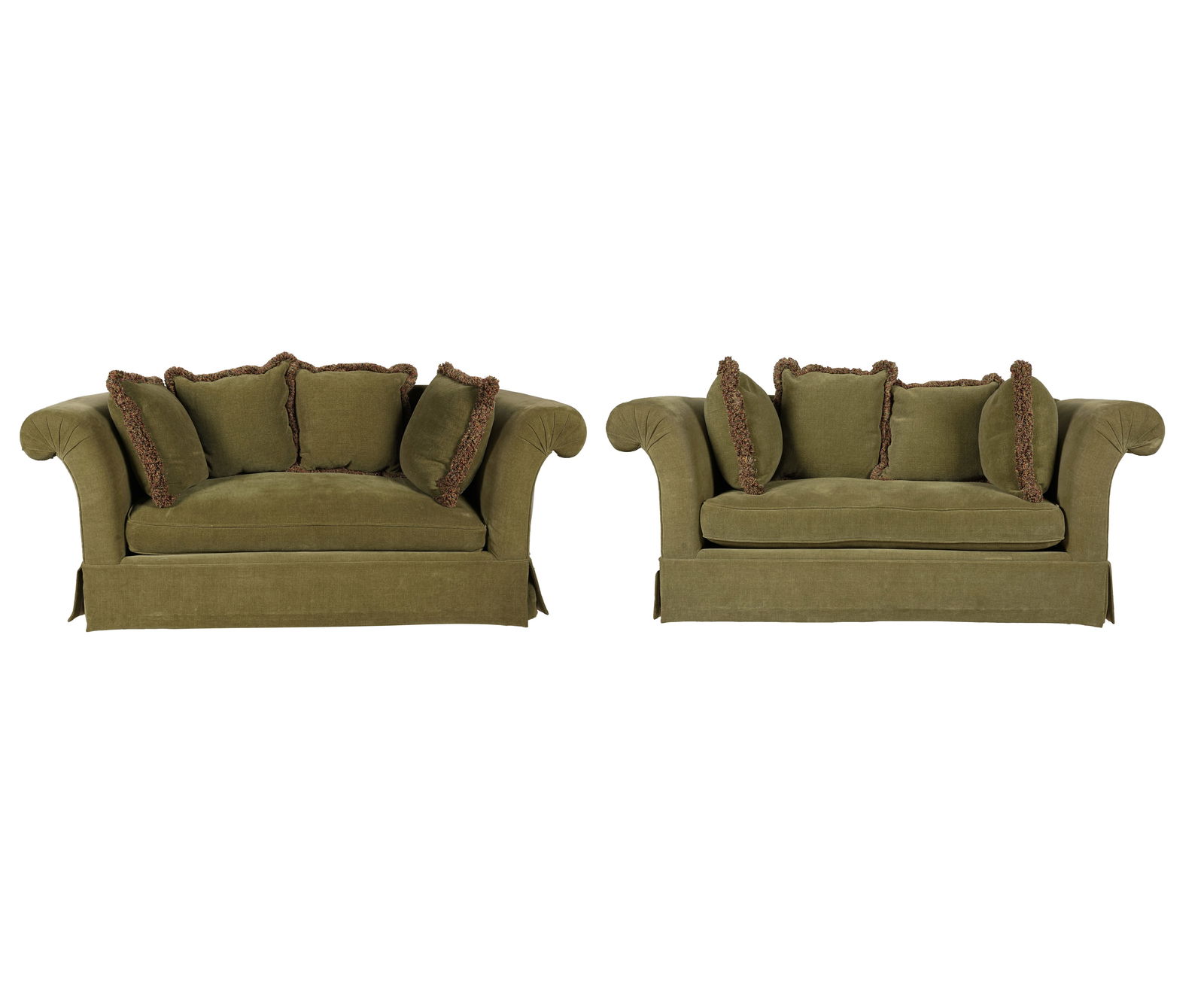A Pair of Lanzetti Green Fabric-Upholstered Sofas: with label "Masterpiece by Lanzetti Custom Upholstery" 35 x 84 x 37 in. (88.9 x 213.4 x 94 cm.) Seat height: 19 in. (48.3 cm.)