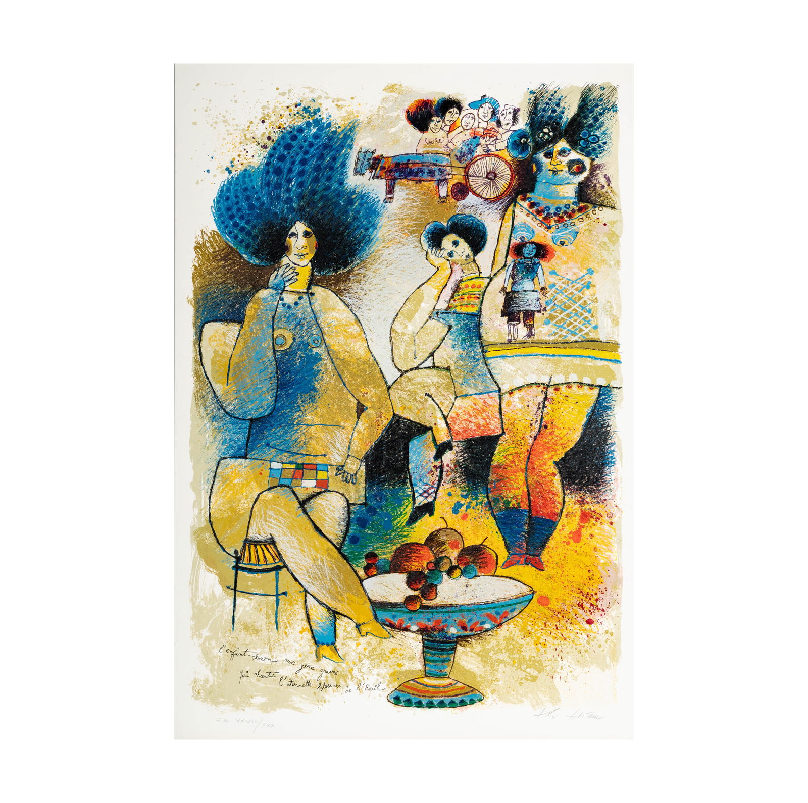 Theo Tobiasse, 1927-2012, L?Enfant Clown aux Yeux Graves Qui Chante l?Eternelle Blessure de l?Exil: serigraph ed. XXVIII/XXX; signed and numbered in pencil Sheet: 43 1/4 x 29 1/4 in. (109.9 x 74.3 cm.) Frame: 46 x 32 in. (116.8 x 81.3 cm.)
