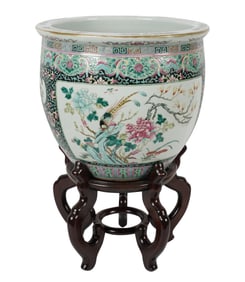 A Chinese Porcelain Fish Bowl on Stand