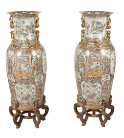 A Pair of Chinese Rose Medallion Porcelain Temple Vases