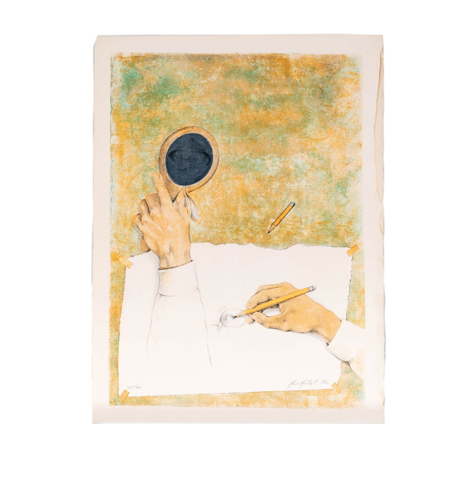 Mario Martin del Campo, B. 1945, Personajes: lithograph in colors with metallic paper collage on wove paper 1985; ed. 21/50; signed, dated and numbered in pencil Sheet: 30 1/4 x 22 1/2 in. (76.8 x 57.2 cm.)