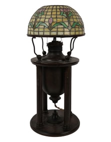 A Vintage Tiffany-Style Bronze and Leaded Glass Table Lamp