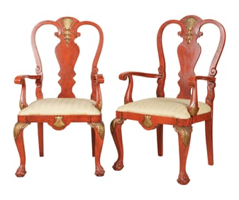 A Pair of Queen Anne-Style Red and Gilt-Painted Armchairs
