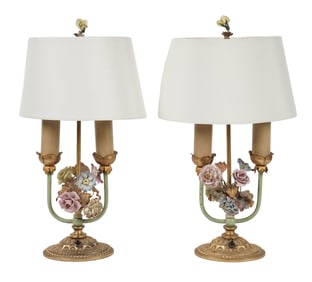 A Pair of Tole and Porcelain Table Lamps