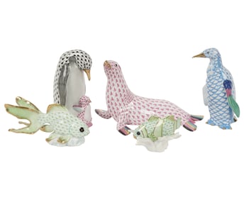 Five Herend Fishnet Porcelain Animal Figures
