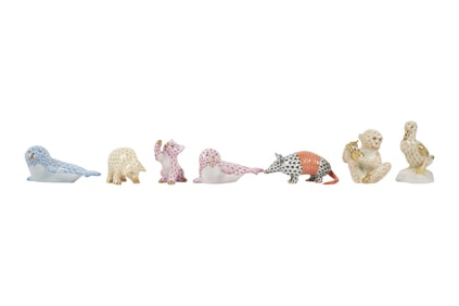 Seven Herend Fishnet Porcelain Animal Figures