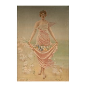 A Framed Needlework Depicting a Lady with Flowers