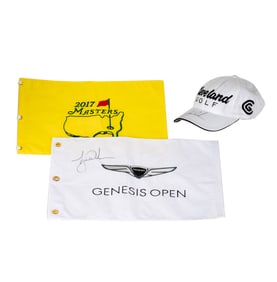 Tiger Woods Signed Genesis Open Flag and Cleveland Golf Hat with 2017 Masters Flag