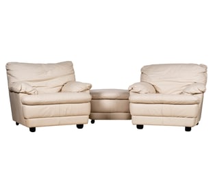 Pair of Italian Leather Club Chairs with Ottoman