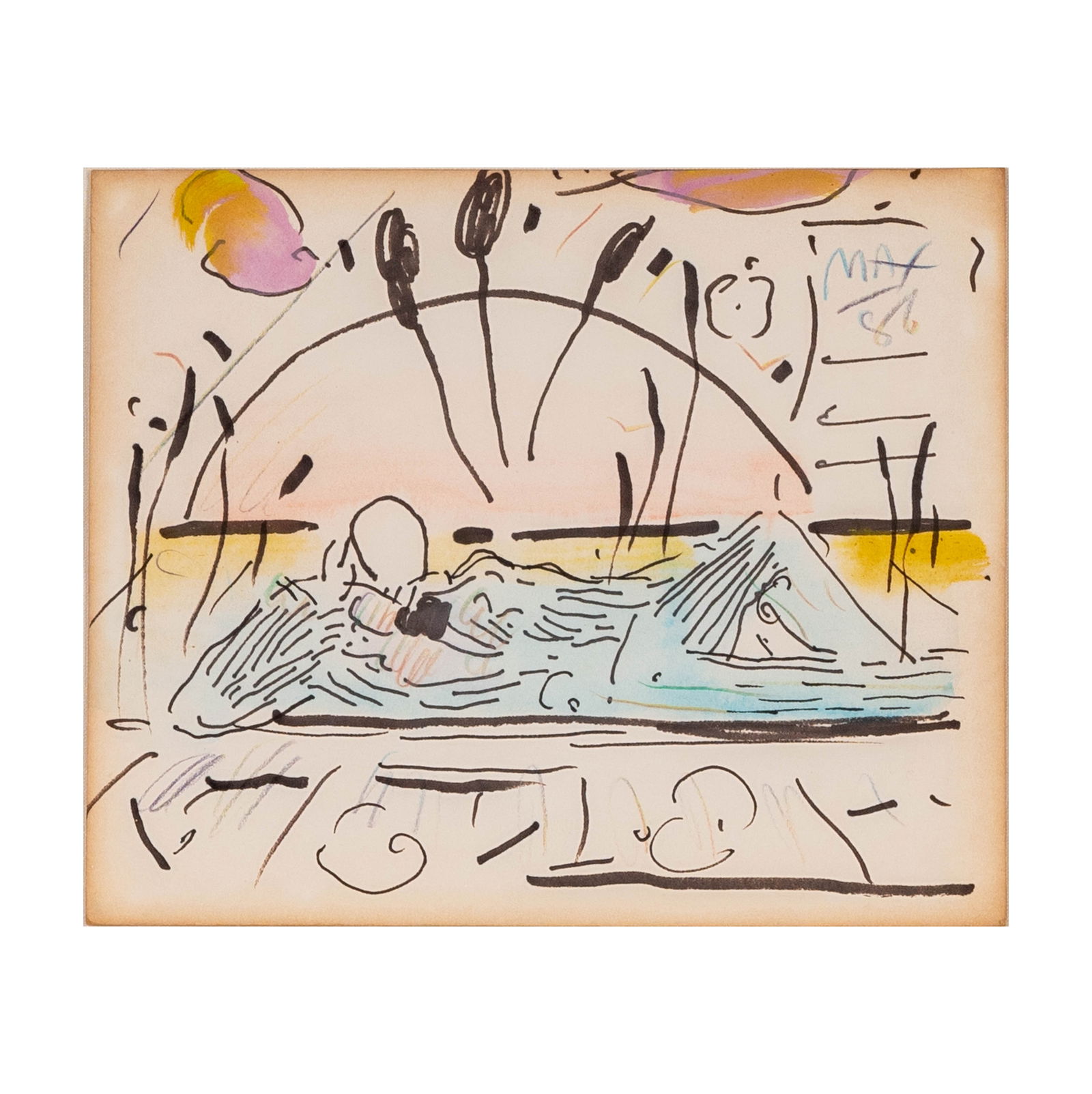 Peter Max, B. 1937, Untitled: watercolor and crayon on paper 1986; signed and dated 9 3/4 x 12 in. (24.8 x 30.5 cm.) Frame: 24 1/4 x 25 3/4 in. (61.6 x 65.4 cm.)