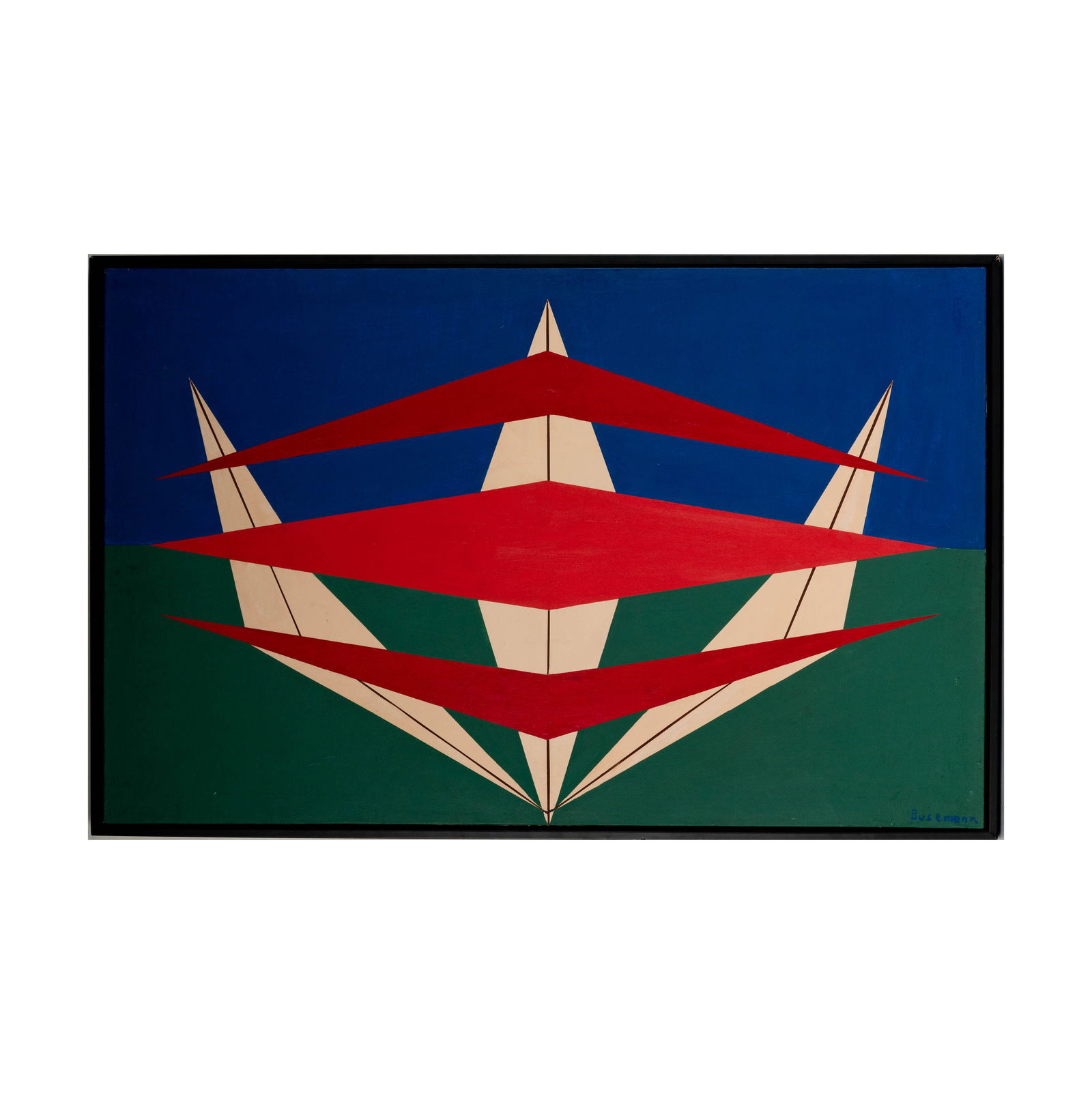 Herbert Busemann, 1905-1994, Calm Equilibrium: acrylic on canvas board 1987; signed lower right, titled and dated verso 26 x 41 in. (66 x 104.1 cm.) Frame: 27 1/4 x 42 1/4 in. (69.2 x 107.3 cm.)