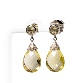 Pair of 14 Karat White Gold, Diamond, and Prasiolite Earrings