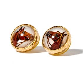 Pair of 14 Karat Yellow Gold and Reverse-Painted Horse Earrings