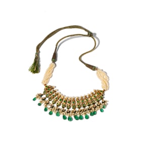 Yellow Gold, Diamond, Emerald, Enamel, and Cultured Pearl Necklace