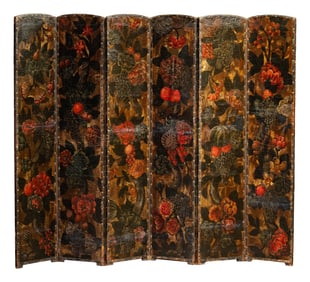 A Continental Painted Leather Six-Panel Screen
