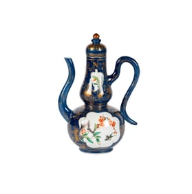 A Chinese Famille Verte Powder Blue-Ground Ewer