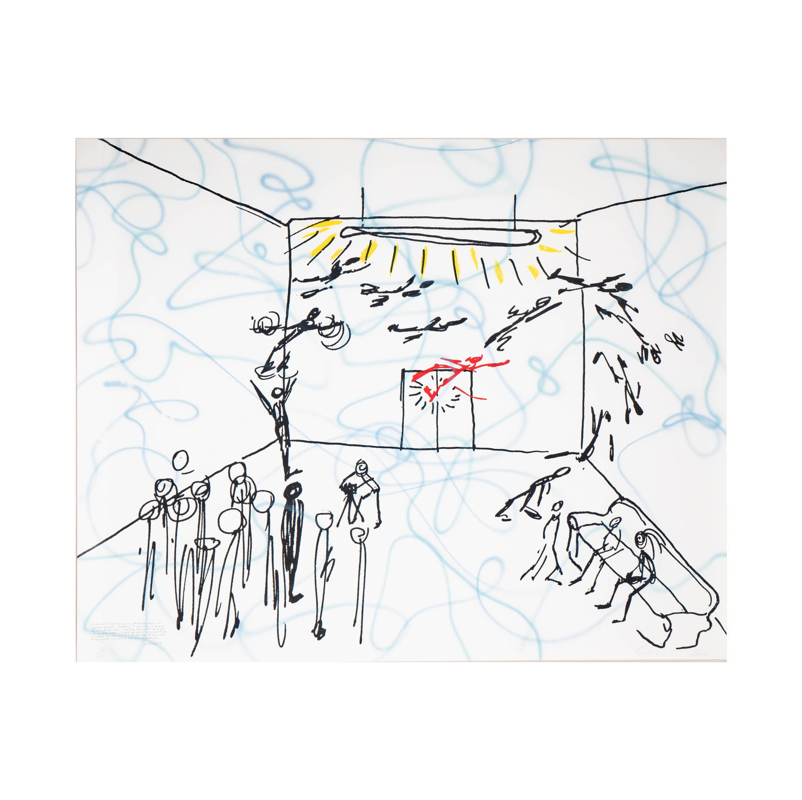 Jonathan Borofsky, American 1942, I Dreamed I was Having my Photograph Taken, 1983: screenprint with airbrush drawing, 1983, signed, dated, and numbered 10/10; printed and published by Gemini G.E.L. Los Angeles 78 x 100 in. (198.1 x 254 cm.) Frame: 82 1/2 x 102 in. (209.6 x 259.1 cm.