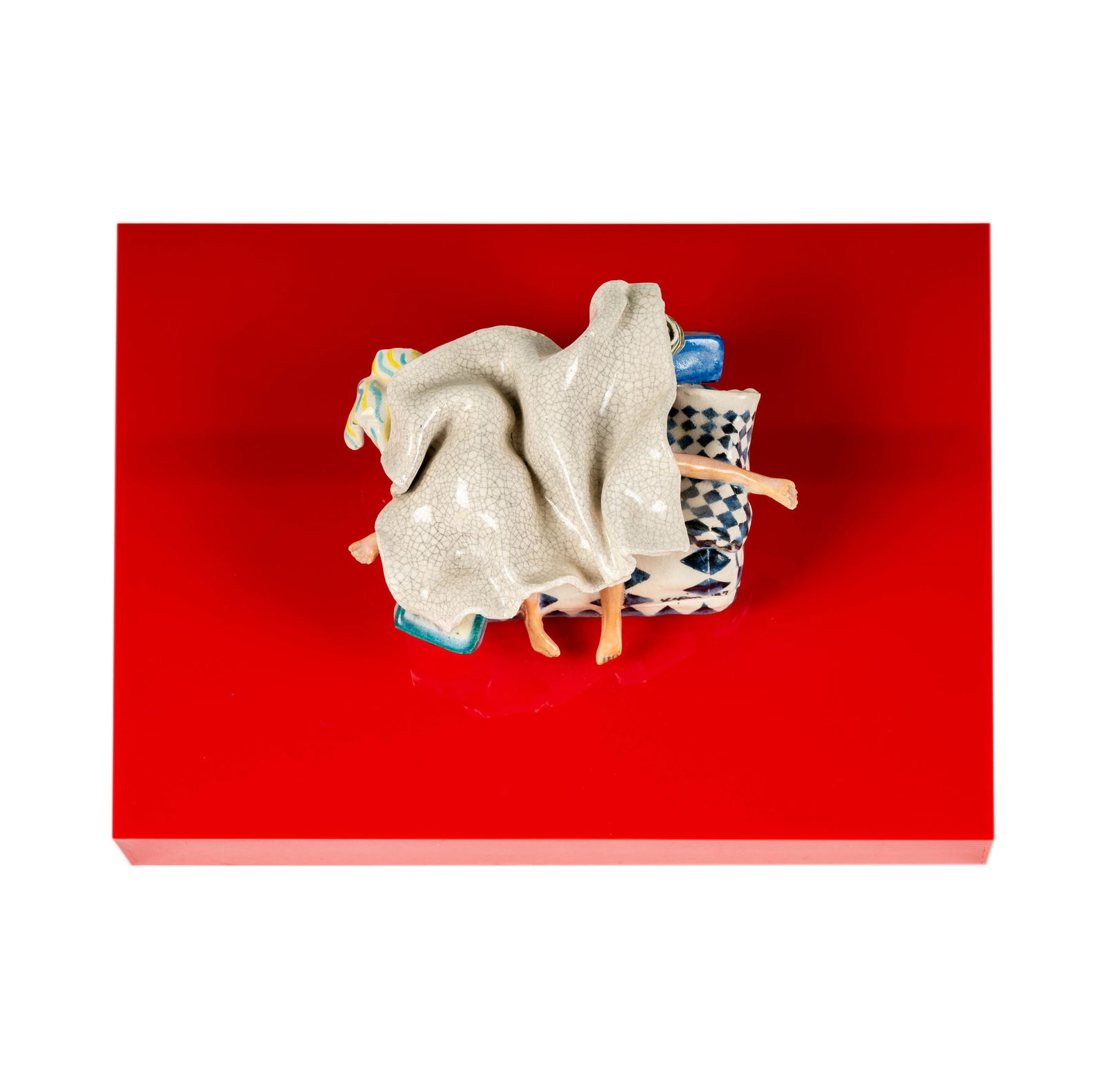 Steven Lapin, American 1949-, People in Bed, n.d.: ceramic on acrylic, signed and dated 10 x 14 x 6.2 in. (25.4 x 35.6 x 15.7 cm.) Provenance: The Beverly Hills estate of a distinguished collector.
