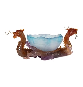 A Daum Pate De Verre Double Dragon Bowl
