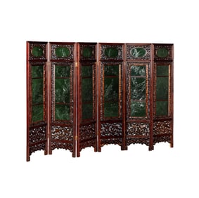 A Chinese Finely Carved Rosewood and Jade Six-Panel Screen