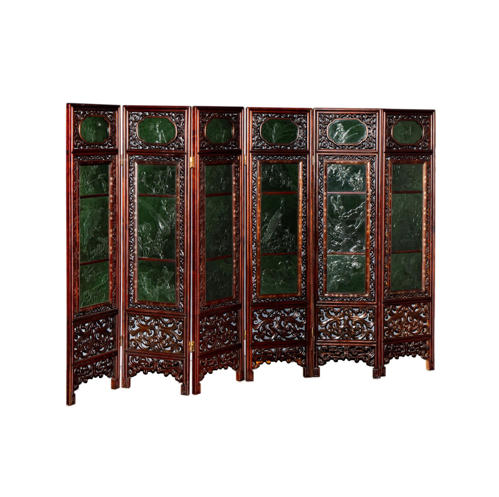 A Chinese Finely Carved Rosewood and Jade Six-Panel Screen (1 of 18)
