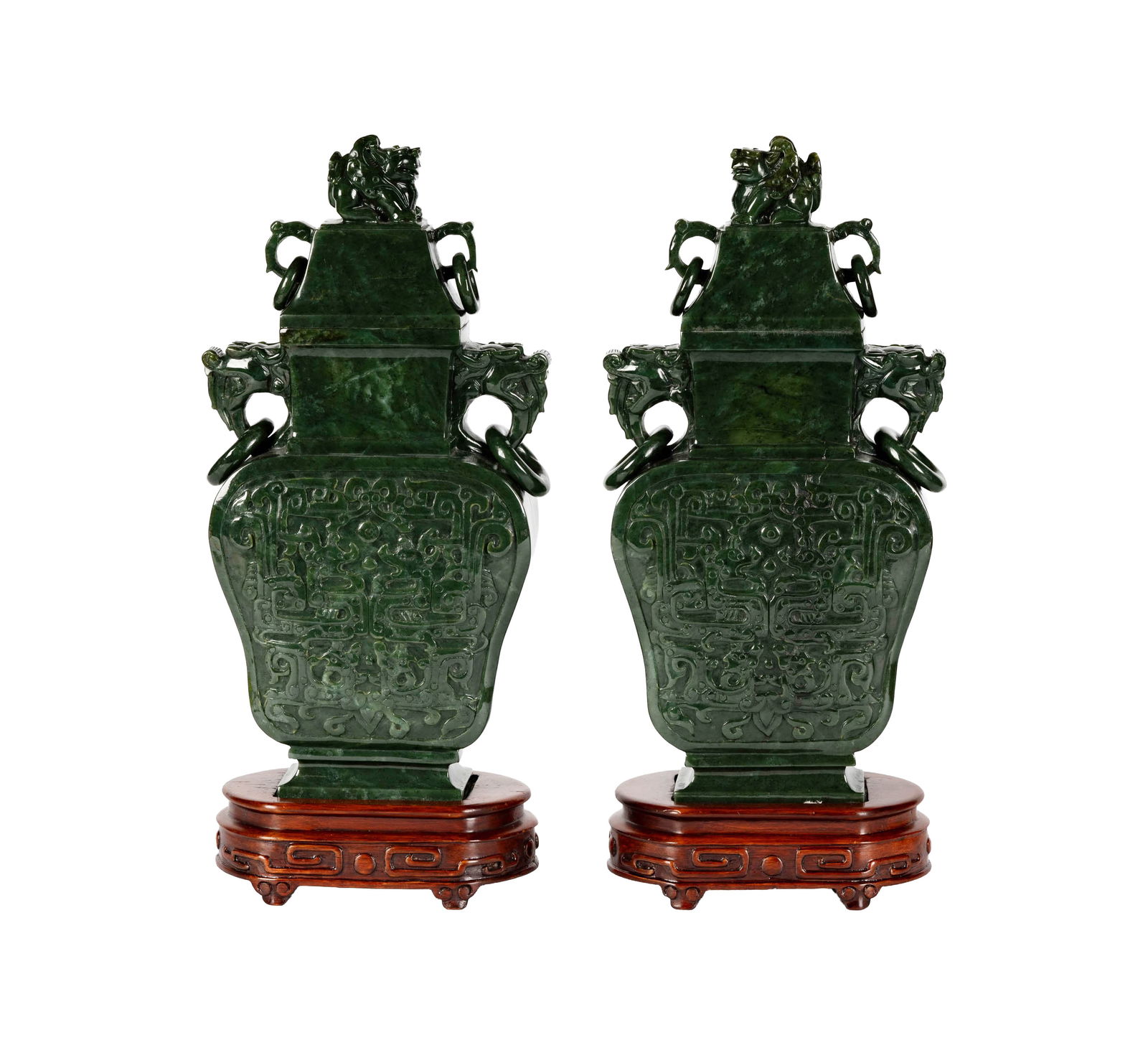 A Pair of Chinese Green Jade Archaistic Urns (1 of 13)