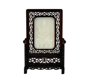 A Chinese Carved White Jade and Hardwood Table Screen