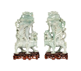A Pair of Chinese Carved Jade Figural Urns